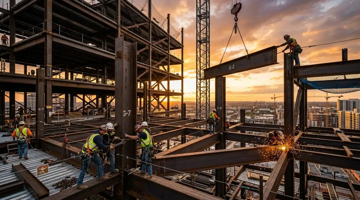 Heavy Steel H-Beam Column Erection with Crane and Workers