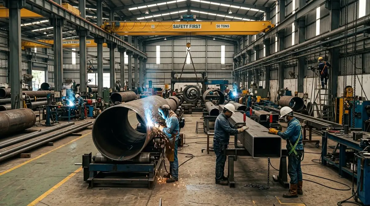 Industrial Workers Fabricating Heavy MS Pipes and Square Box Sections