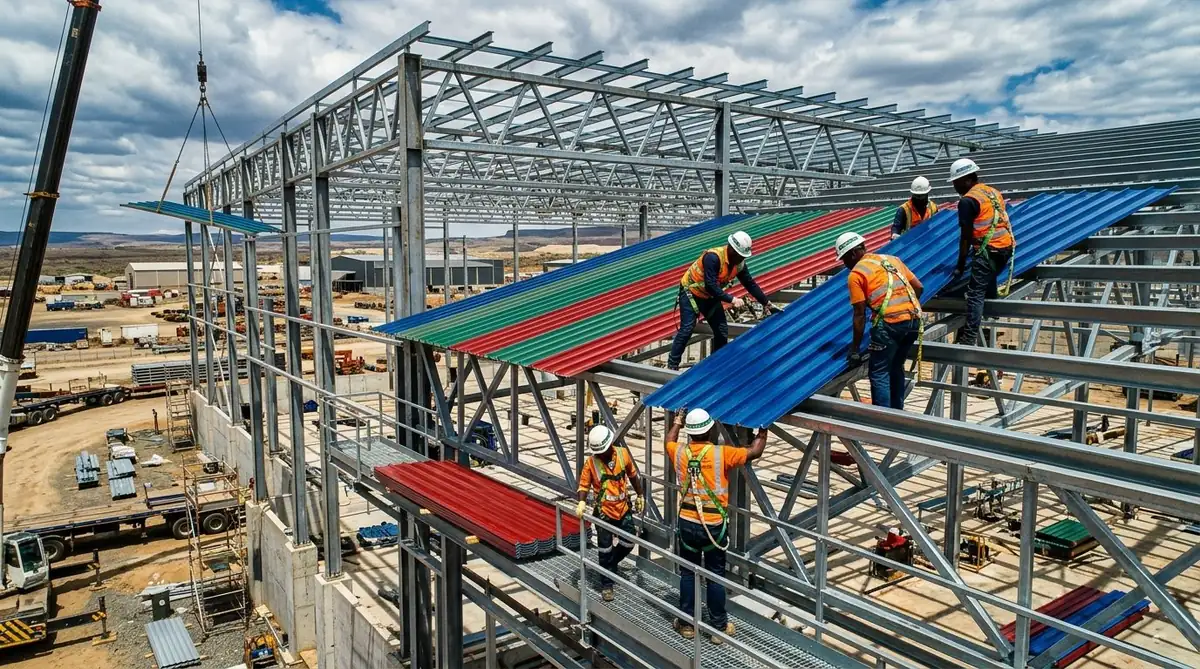 Workers Installing Color Coated Roofing Sheets on Steel Truss