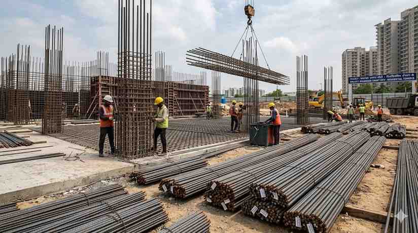Heavy bundles of Reinforcement steel bars for construction at Ghaziabad site.